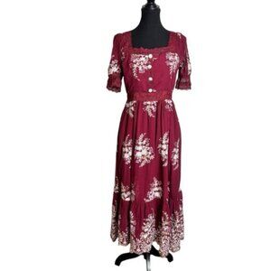 Cariar Vintage Women's Large Burgundy Floral Dress Embroidered Lace Puff Sleeve